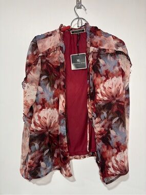 Melanie Lyne Red Floral Sheer Cape Jacket NWT